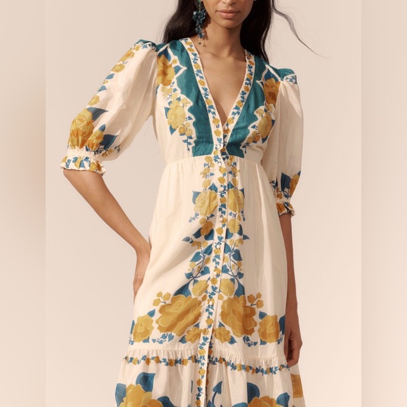 FARM Rio Dresses & Skirts - Farm Rio-Puff-Sleeve Printed Midi Dress-Floral-Boho-Festival-S